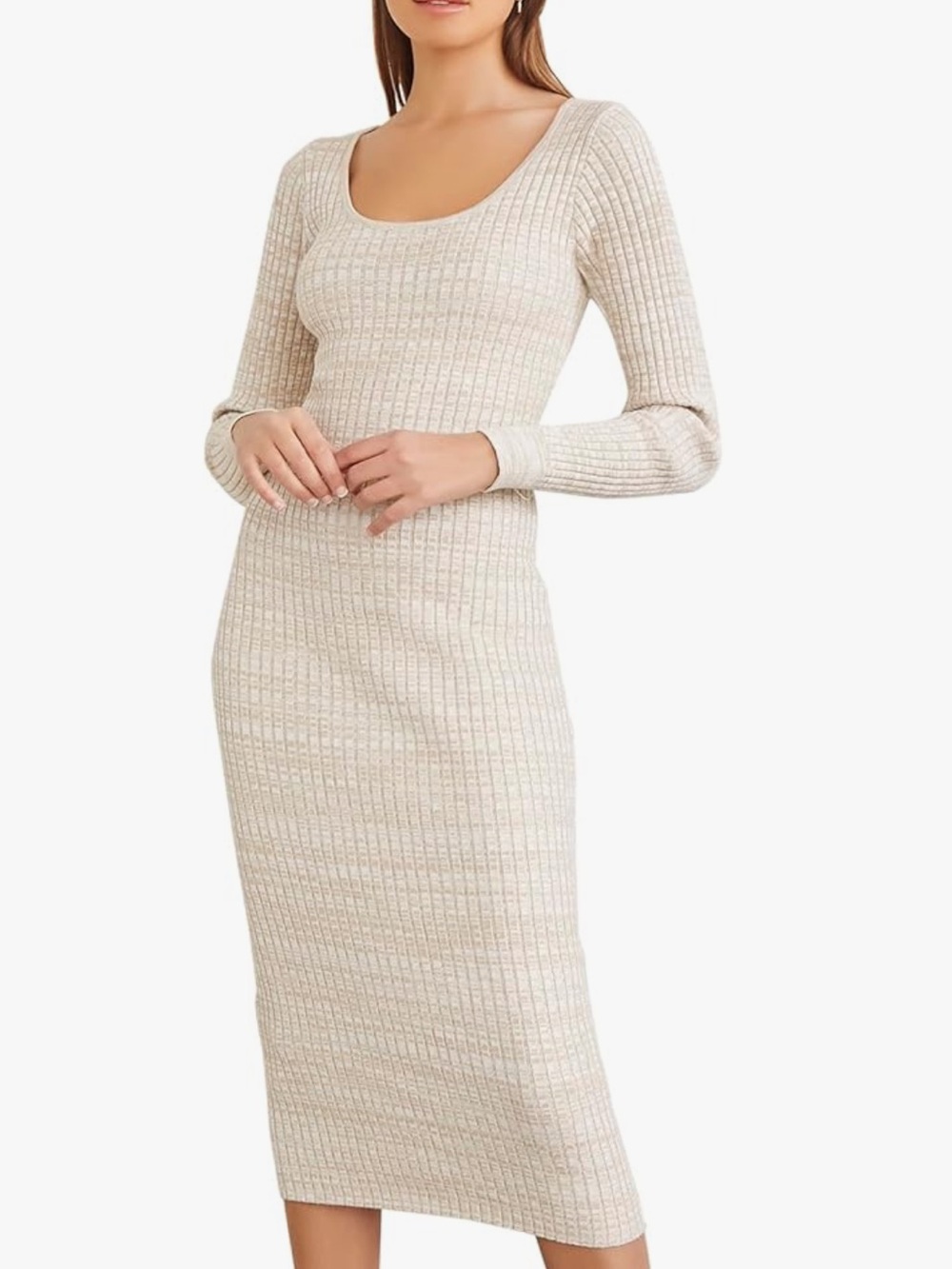 Ribbed Long Sleeve Bodycon Maxi Dress - Beige